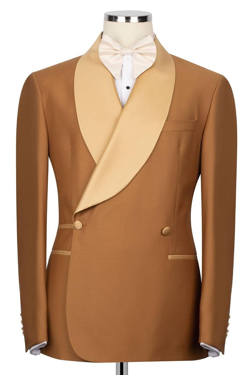 Gold Brown Double Breasted Shawl Lapel Suits For Men