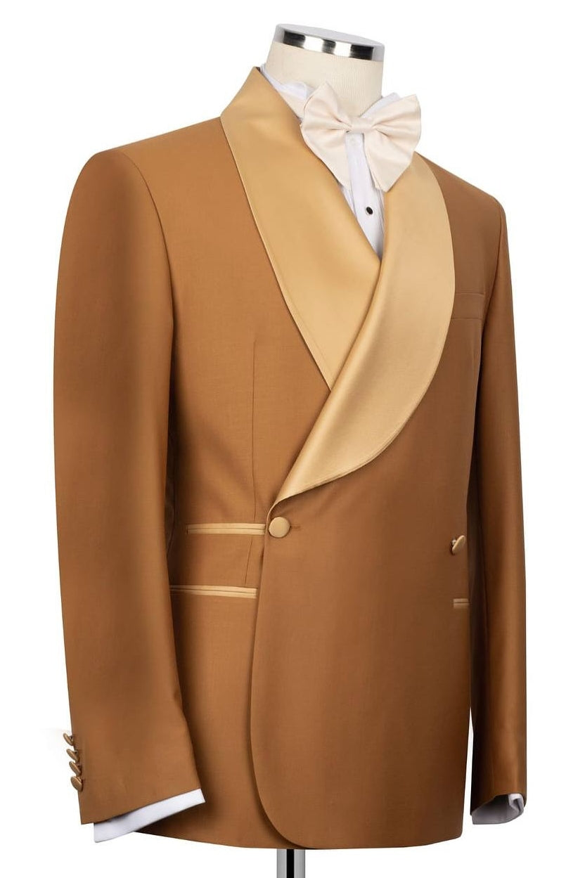 Gold Brown Double Breasted Shawl Lapel Suits For Men