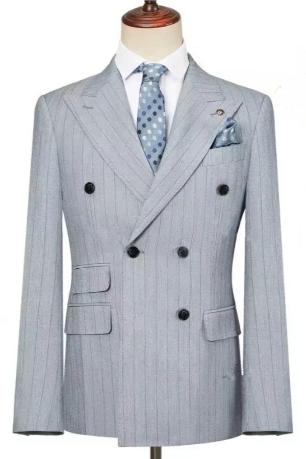 Gray Striped Peaked Lapel Double Breasted Suits For Men