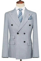 Gray Striped Peaked Lapel Double Breasted Suits For Men