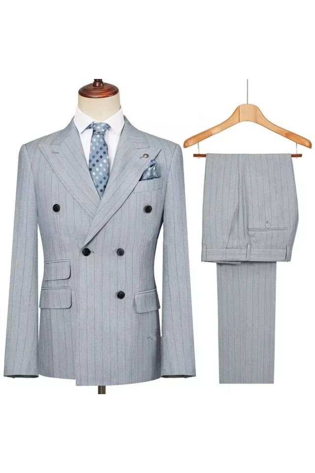 Gray Striped Peaked Lapel Double Breasted Suits For Men