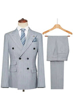 Gray Striped Peaked Lapel Double Breasted Suits For Men