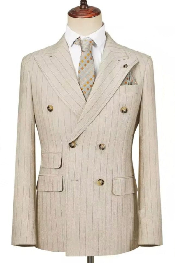 Light Beige Striped Peaked Lapel Double Breasted Suits For Men Main image