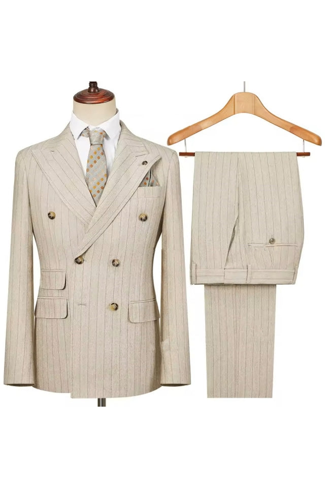 Light Beige Striped Peaked Lapel Double Breasted Suits For Men Secondary image
