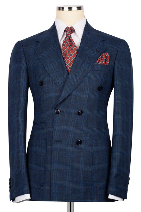 Chic Navy Plaid Peaked Lapel Double Breasted Suits For Men