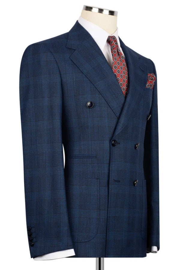 Chic Navy Plaid Peaked Lapel Double Breasted Suits For Men