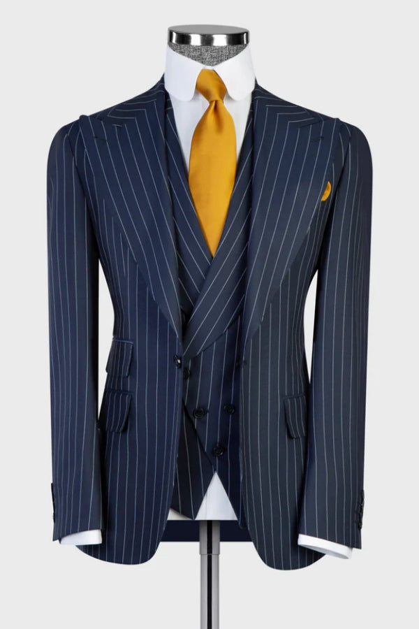 Bespoke Navy Peaked Lapel Striped Suits With Waistcoat Main image
