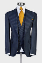Bespoke Navy Peaked Lapel Striped Suits With Waistcoat
