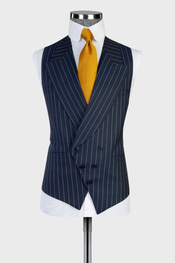 Bespoke Navy Peaked Lapel Striped Suits With Waistcoat Secondary image