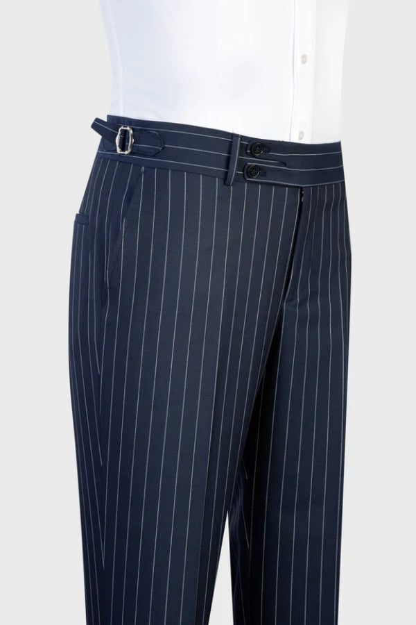 Bespoke Navy Peaked Lapel Striped Suits With Waistcoat