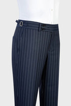 Bespoke Navy Peaked Lapel Striped Suits With Waistcoat