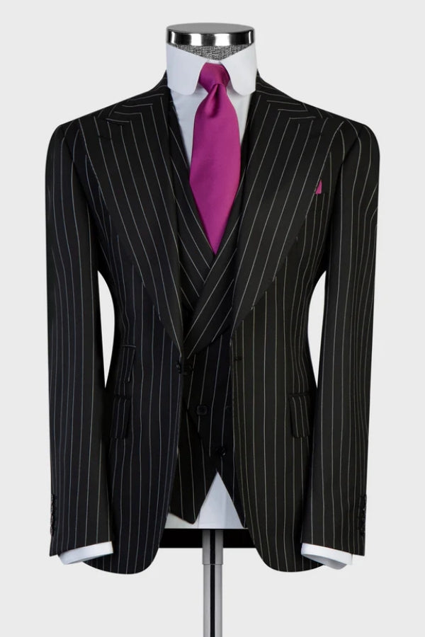 Classic Black Peaked Lapel Striped Suits With Waistcoat