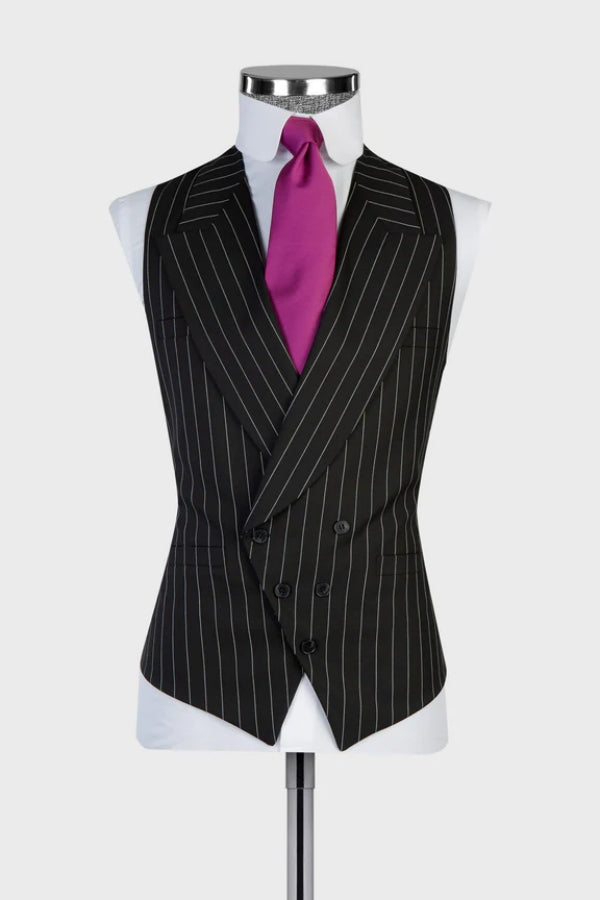 Classic Black Peaked Lapel Striped Suits With Waistcoat