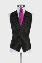 Classic Black Peaked Lapel Striped Suits With Waistcoat