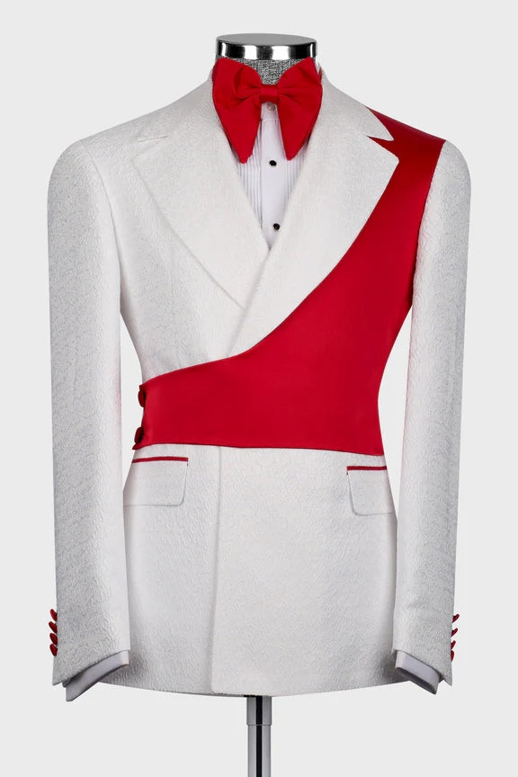 White Jacquard Notched Lapel Men Suits With Red Crossover Satin Panel Main image