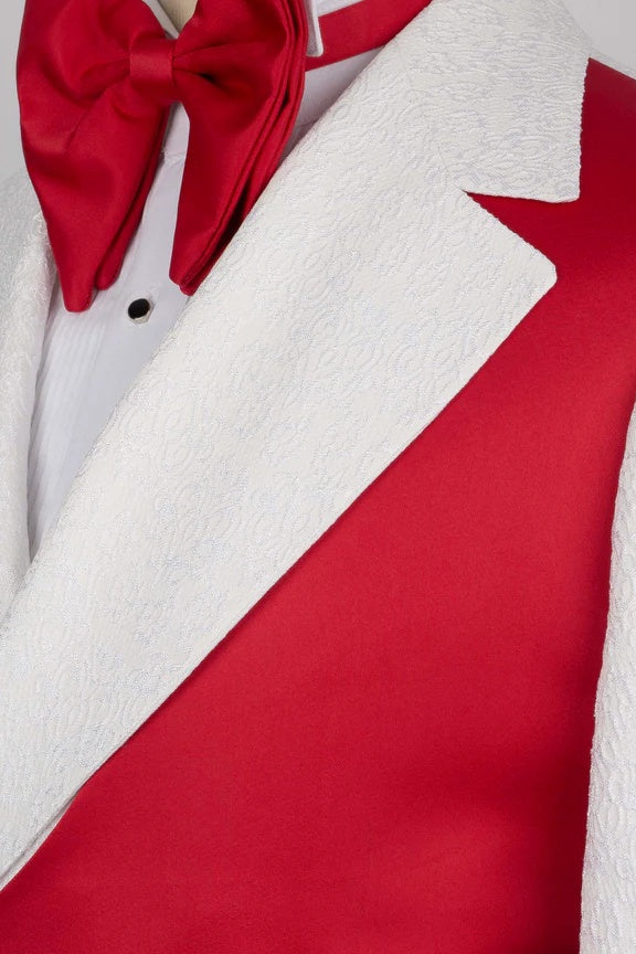 White Jacquard Notched Lapel Men Suits With Red Crossover Satin Panel