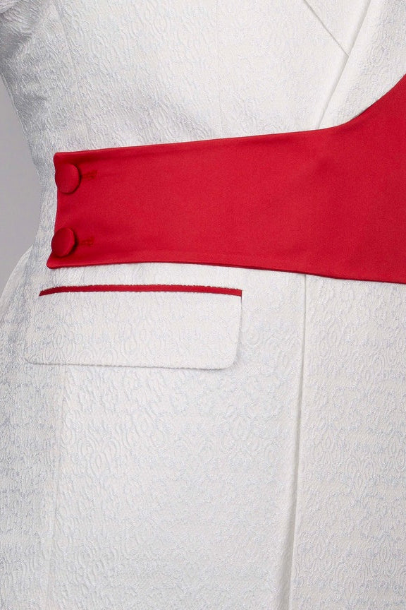 White Jacquard Notched Lapel Men Suits With Red Crossover Satin Panel