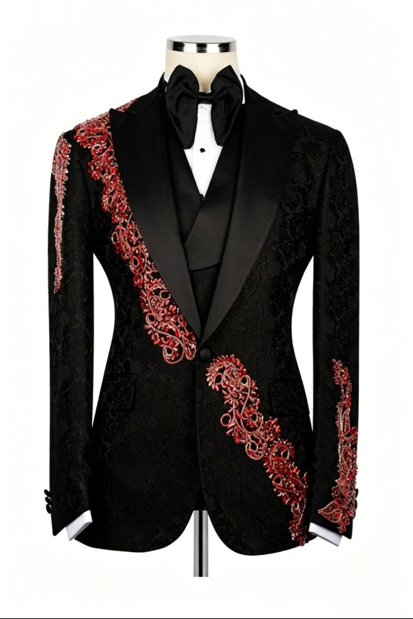 Red Crystal Appliques Black Jacquard Peaked Lapel 3 Piece Men Suit Main image