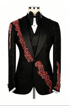 Red Crystal Appliques Black Jacquard Peaked Lapel 3 Piece Men Suit