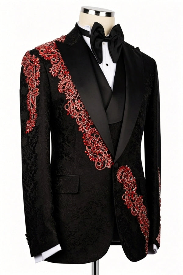 Red Crystal Appliques Black Jacquard Peaked Lapel 3 Piece Men Suit