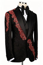 Red Crystal Appliques Black Jacquard Peaked Lapel 3 Piece Men Suit