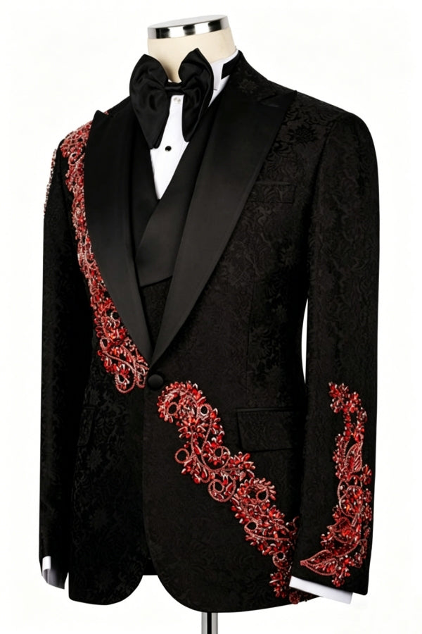 Red Crystal Appliques Black Jacquard Peaked Lapel 3 Piece Men Suit