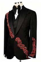Red Crystal Appliques Black Jacquard Peaked Lapel 3 Piece Men Suit