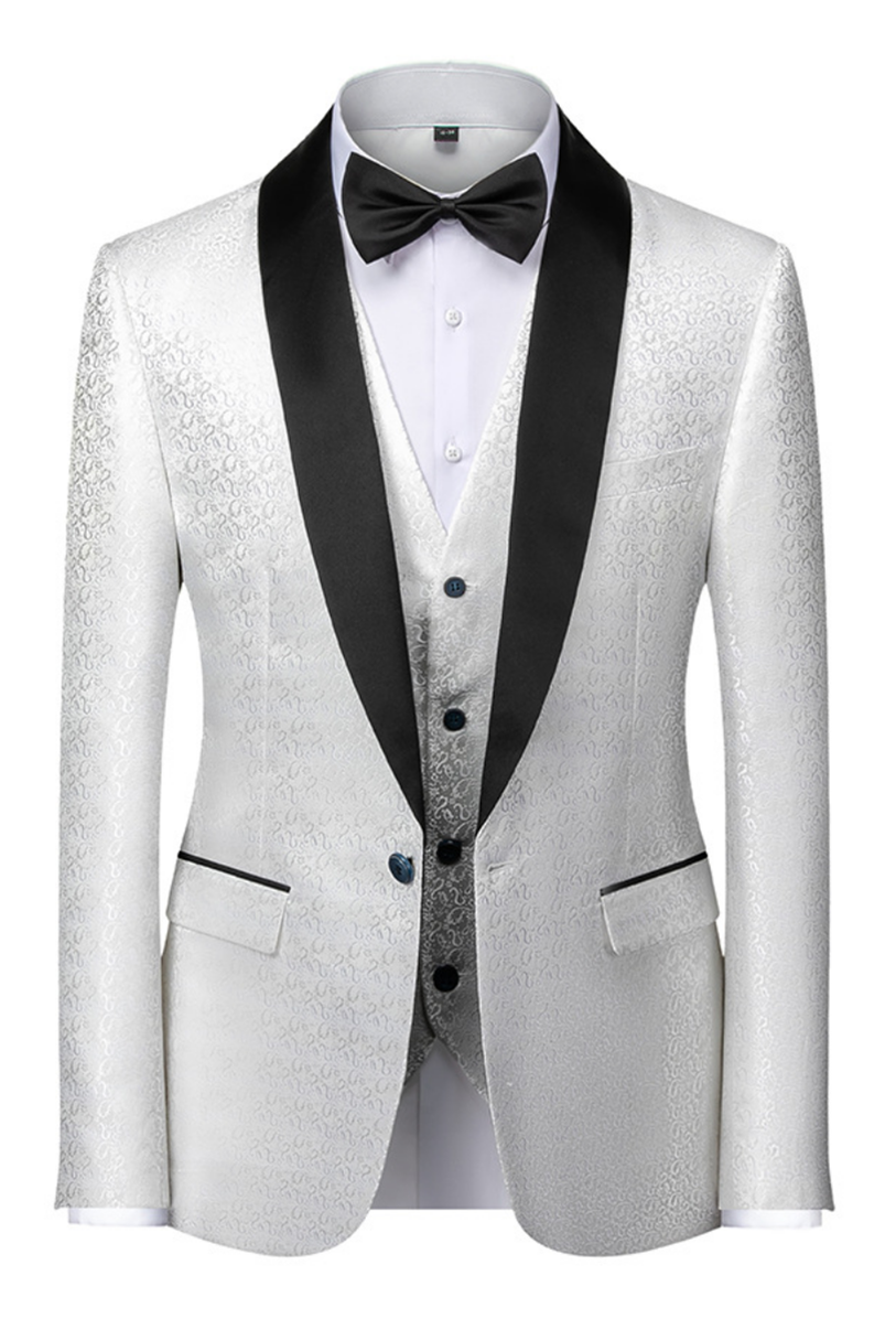 White Classy Jacquard Shawl Lapel 3 Piece Suits For Men Main image