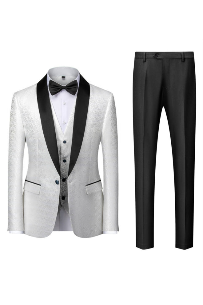 White Classy Jacquard Shawl Lapel 3 Piece Suits For Men Secondary image