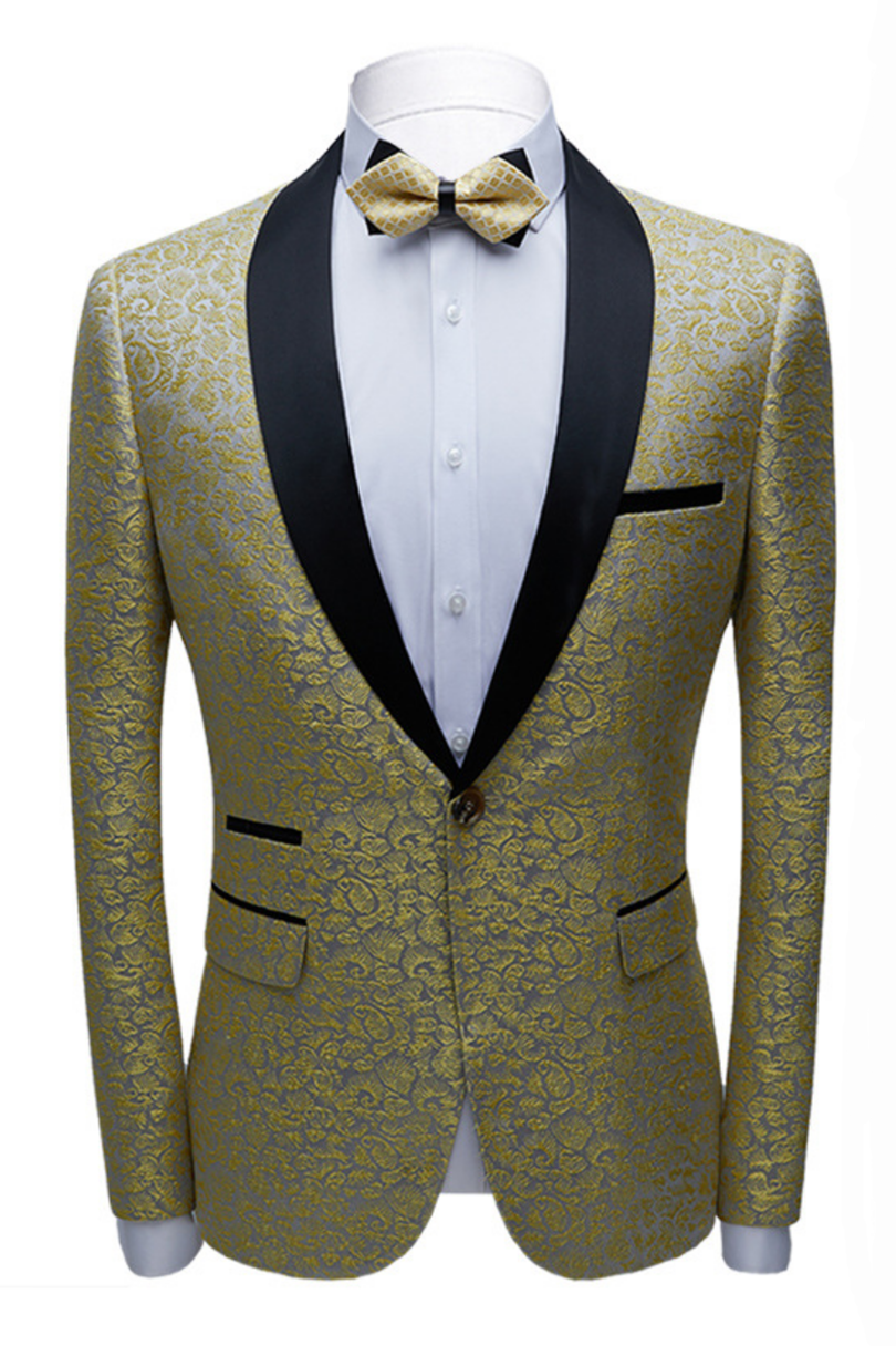 Light Gold Jacquard Black Satin Shawl Lapel Men Suits Main image