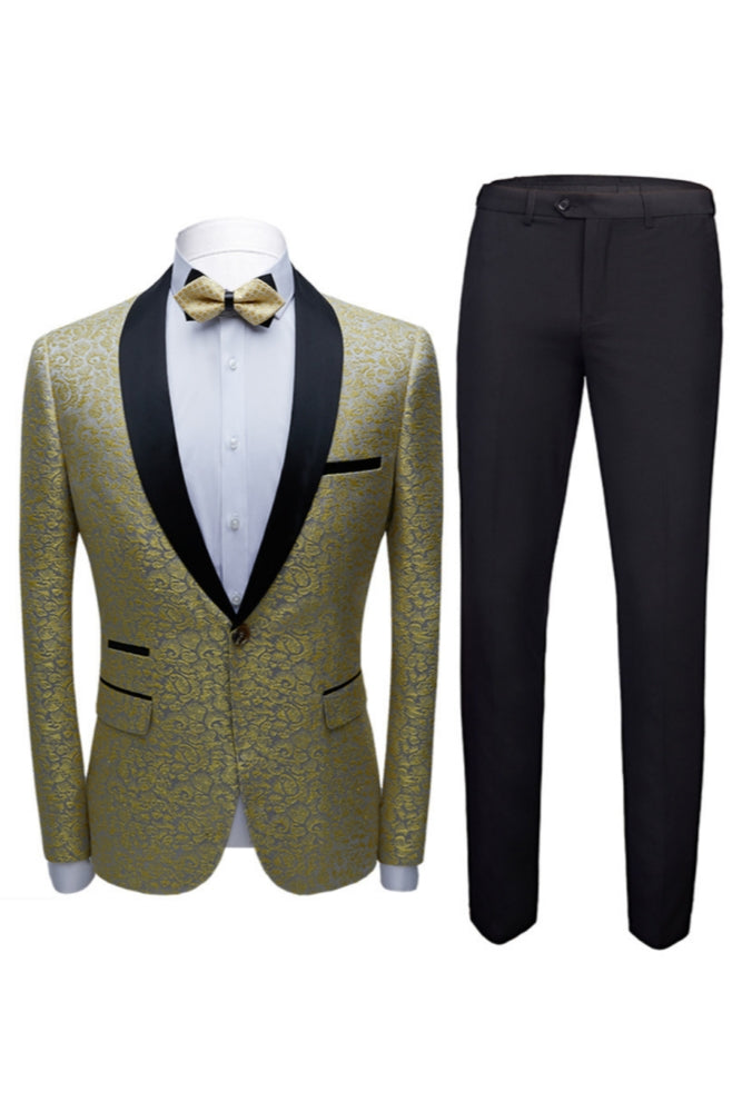 Light Gold Jacquard Black Satin Shawl Lapel Men Suits