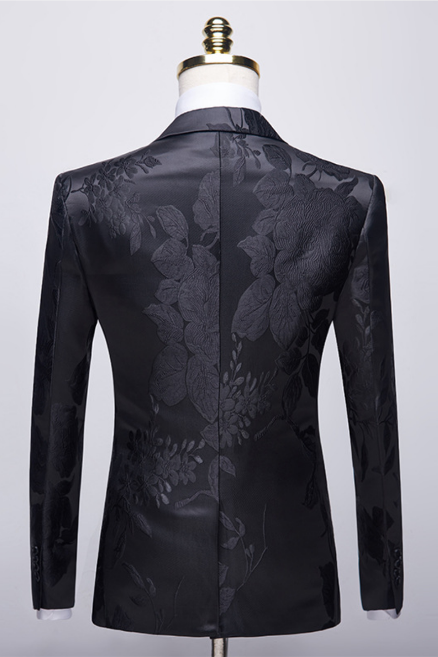 Black Notched Lapel Floral Jacquard Men Suits Secondary image