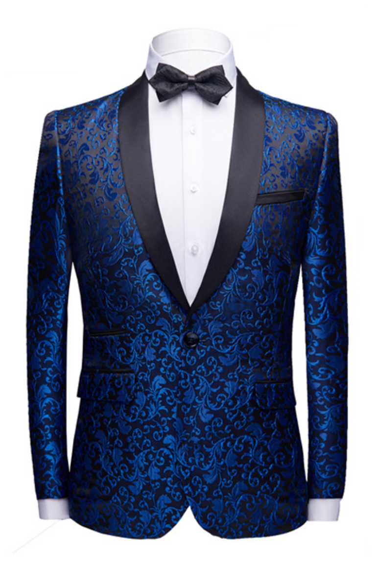 Royal Blue Jacquard Black Satin Shawl Lapel Men Suits