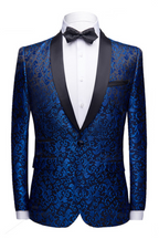 Royal Blue Jacquard Black Satin Shawl Lapel Men Suits
