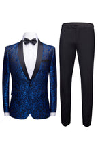 Royal Blue Jacquard Black Satin Shawl Lapel Men Suits