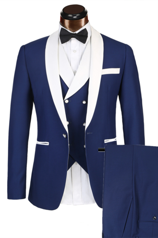 Classic White Shawl Lapel Edge Banding 3 Piece Blue Suits For Men Main image