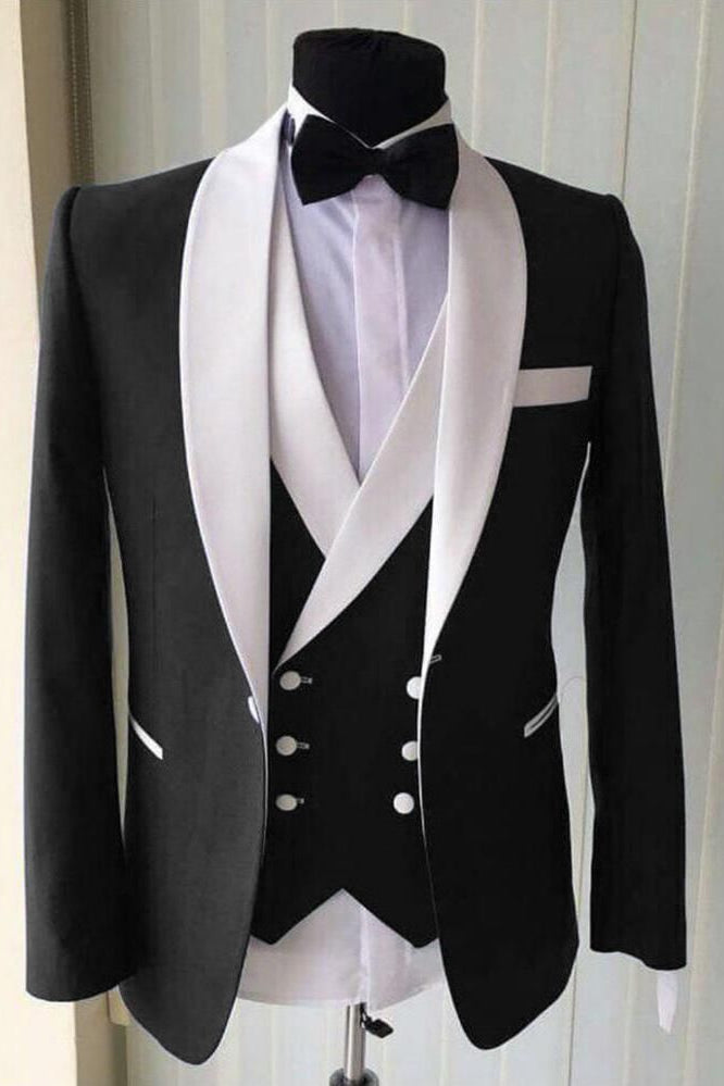 Black 3 Piece White Shawl Lapel Edge Banding Suits For Men Main image