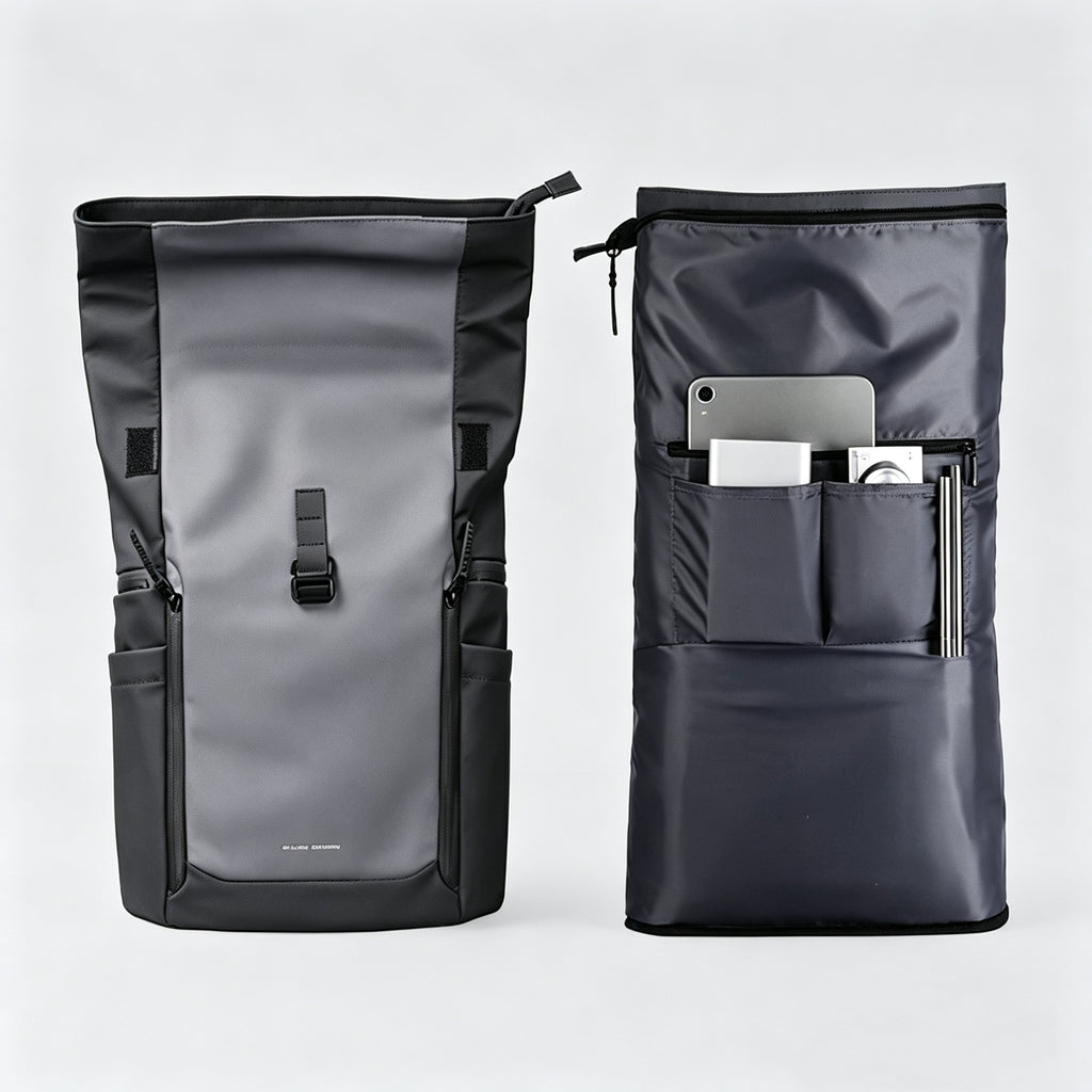 Gray Black Roll‑Top Laptop Backpack