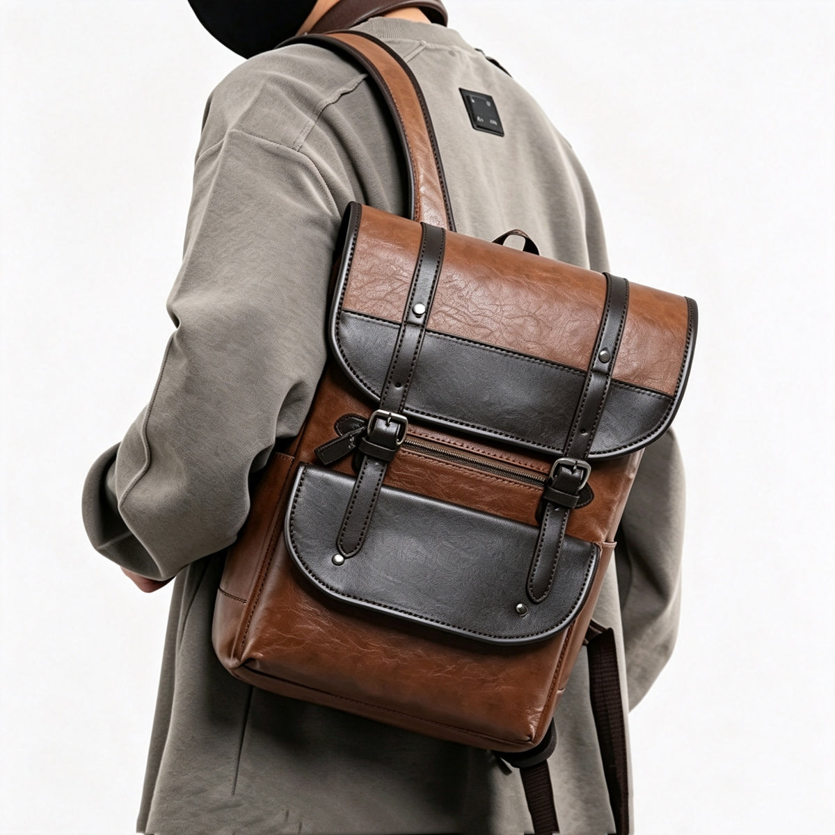 Vintage Brown Faux Leather Laptop Backpack
