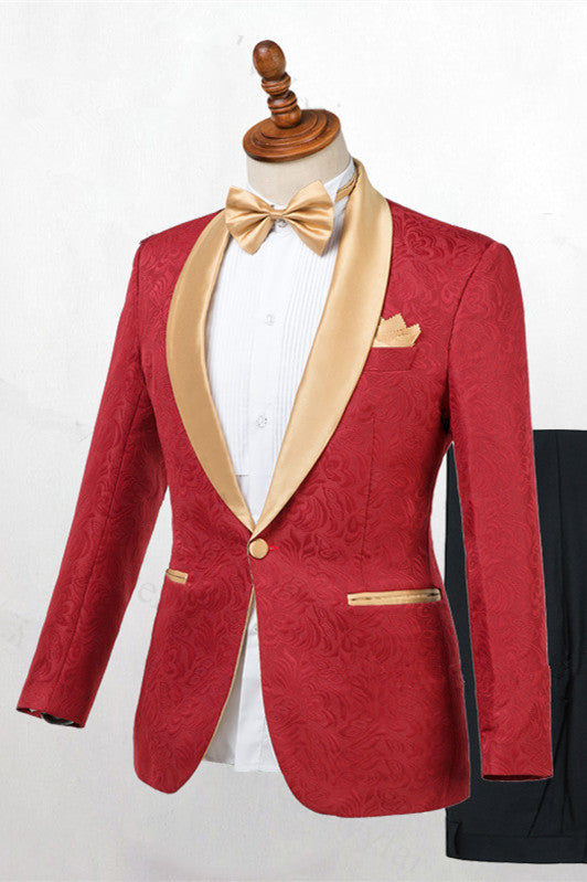 Red Jacquard One Button Gold Shawl Lapel Men Suits Main image