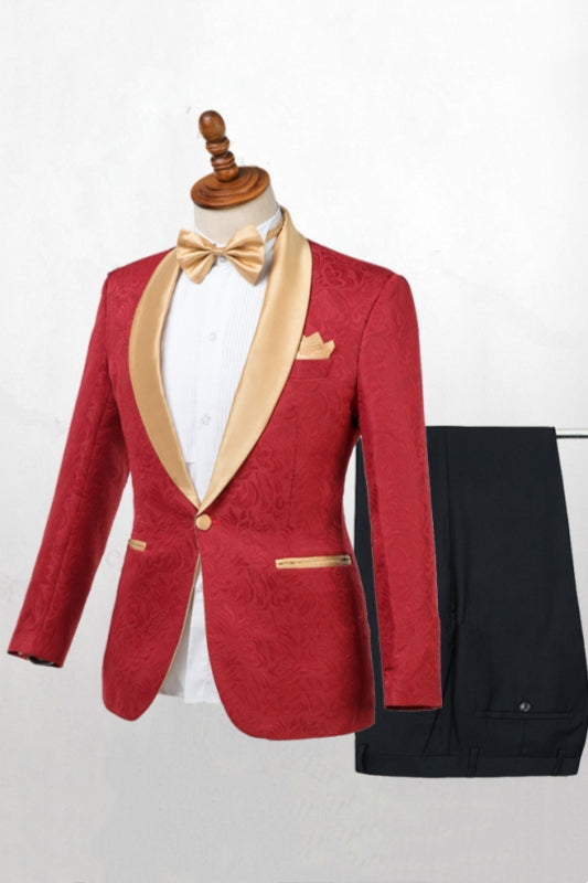Red Jacquard One Button Gold Shawl Lapel Men Suits Secondary image