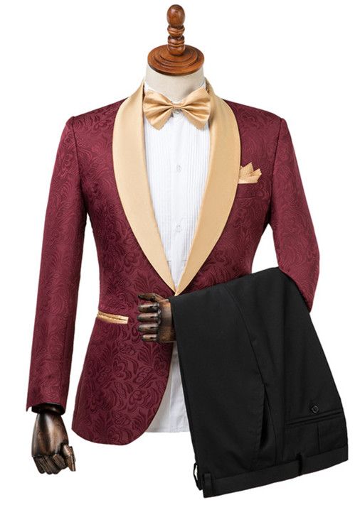 Burgundy Jacquard One Button Gold Shawl Lapel Men Suits