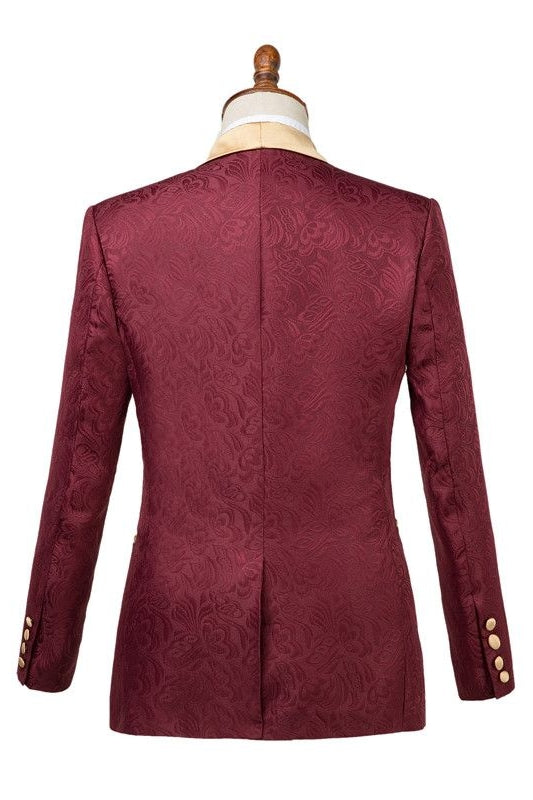 Burgundy Jacquard One Button Gold Shawl Lapel Men Suits