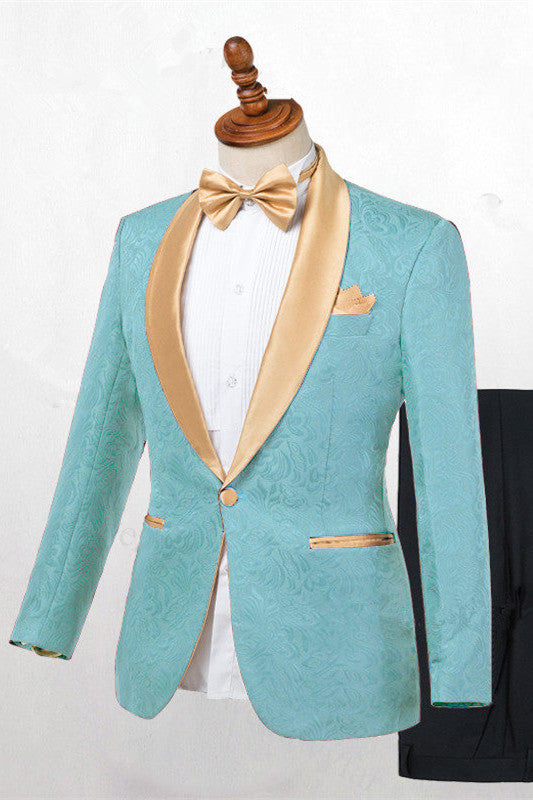 Turquoise Jacquard One Button Gold Shawl Lapel Men Suits Main image