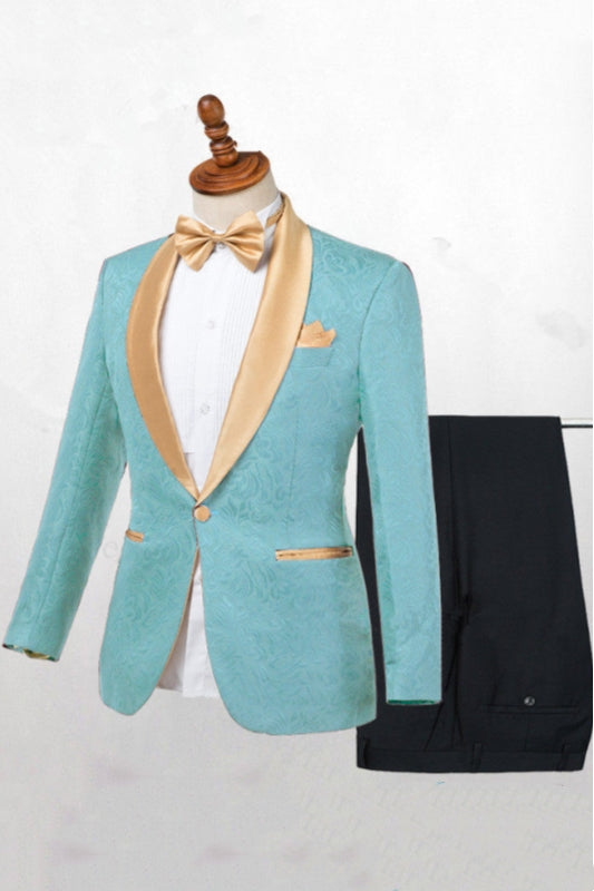 Turquoise Jacquard One Button Gold Shawl Lapel Men Suits Secondary image