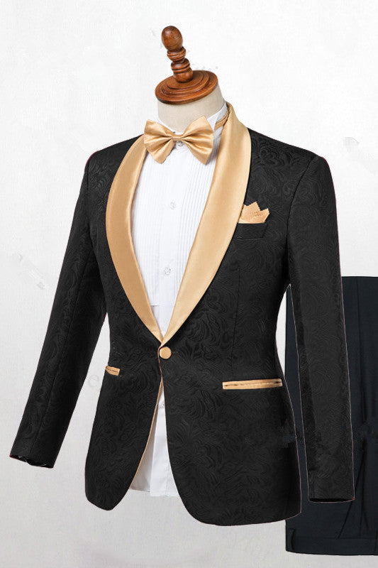 Black Jacquard One Button Gold Shawl Lapel Men Suits Main image