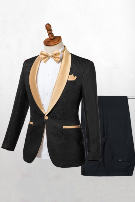 Black Jacquard One Button Gold Shawl Lapel Men Suits Secondary image
