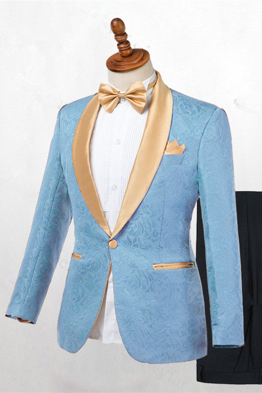 Sky Blue Jacquard One Button Gold Shawl Lapel Men Suits Main image