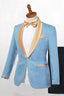 Sky Blue Jacquard One Button Gold Shawl Lapel Men Suits