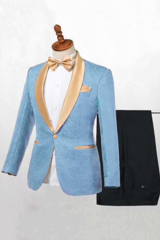 Sky Blue Jacquard One Button Gold Shawl Lapel Men Suits Secondary image
